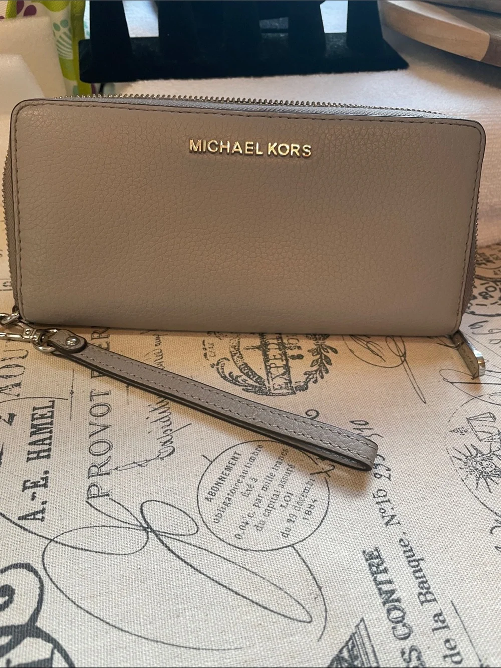 Michael Kors Taupe Stone Grey Pebbled Leather Wristlet Wallet